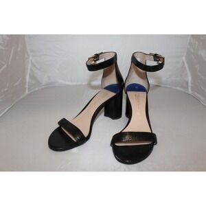 Stuart Weitzman 75 LessNudist Black Patent Leather Ankle Strap Block Heel Size 6